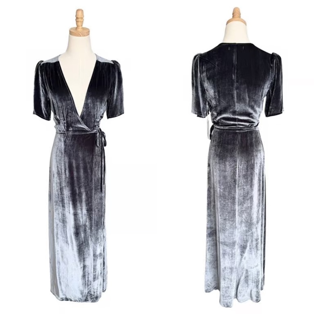 Reformation Silver-Gray Velvet Wrap Maxi Dress